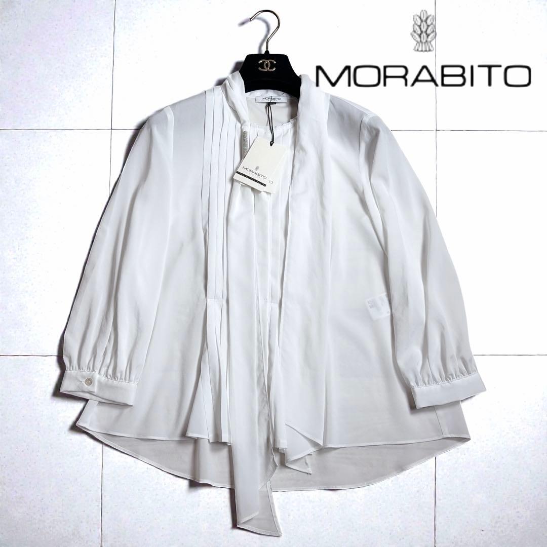 新品6.5万 モラビトプルミエ クリスタル装飾 ボウタイブラウス 白 38