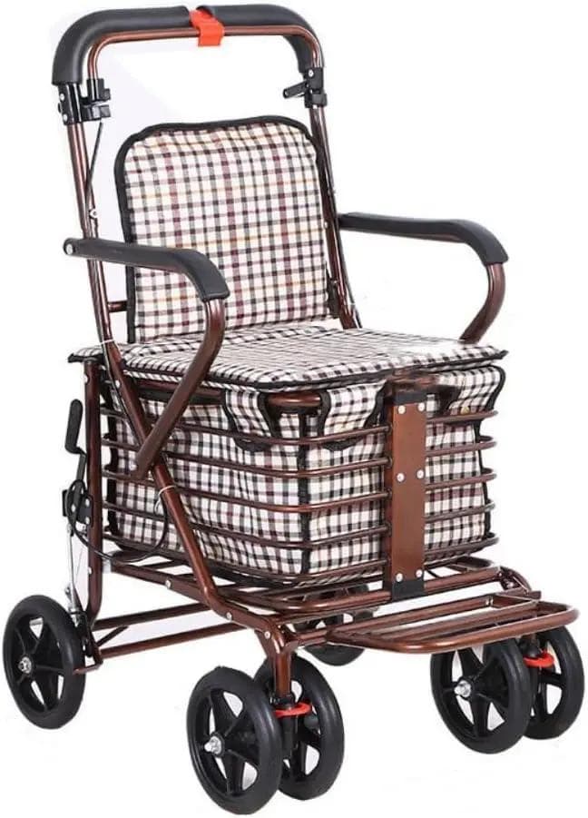 シルバーカー 腰かけ 付き カート 老人用 手押し車 (ホワイトチェック 6輪)