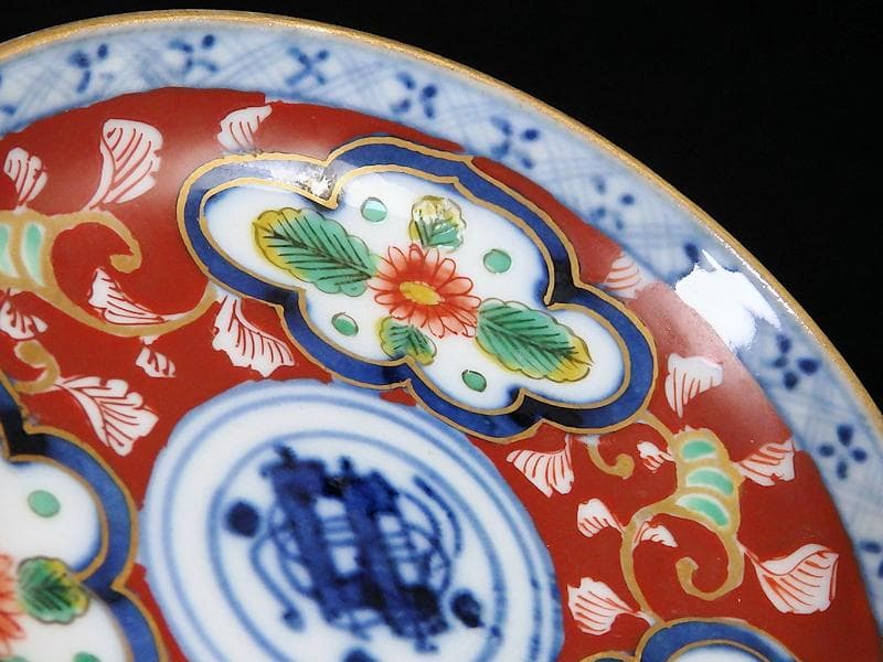 大聖寺伊万里　色絵　窓絵　菊に唐草の図　４寸皿　５客　A136A-CBe